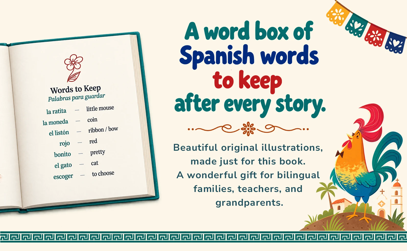 A word box of Spanish words to keep after every story. Beautiful original illustrations, made just for this book. A wonderful gift for bilingual families, teachers, and grandparents.