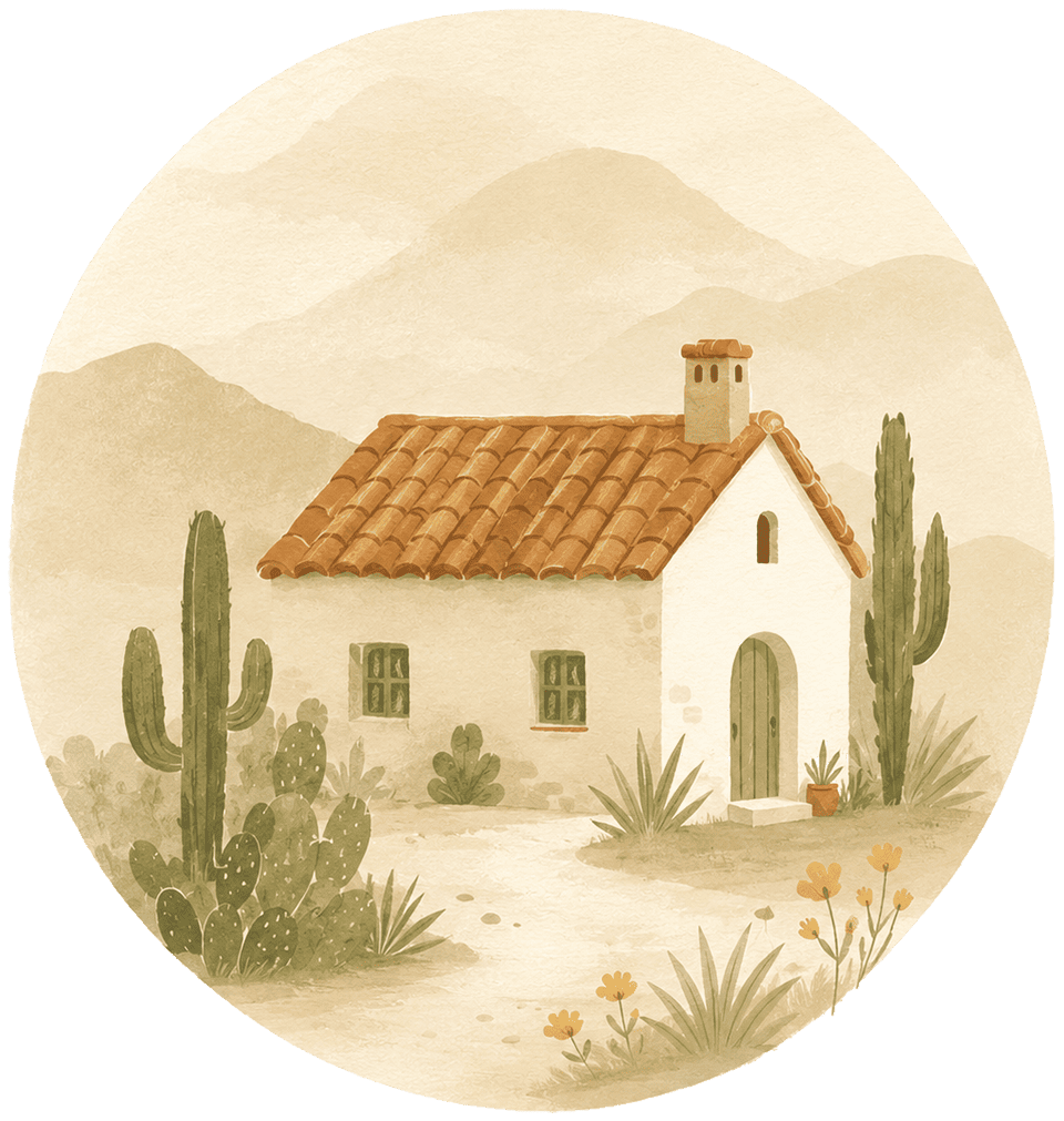 A small adobe studio house among the cacti